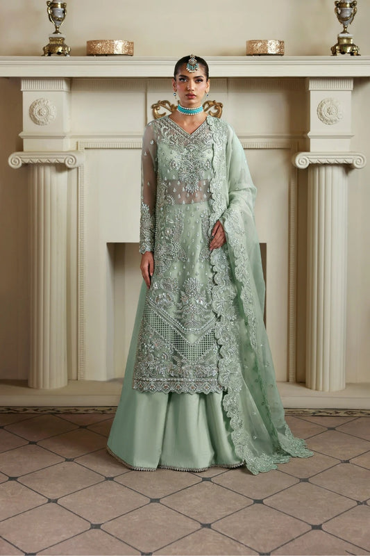 Elegant organza dress with hand-embellished front, sleeves, and borders. Paired with embroidered dupatta, Russian grip inner, and 4 yards of raw silk trouser.
