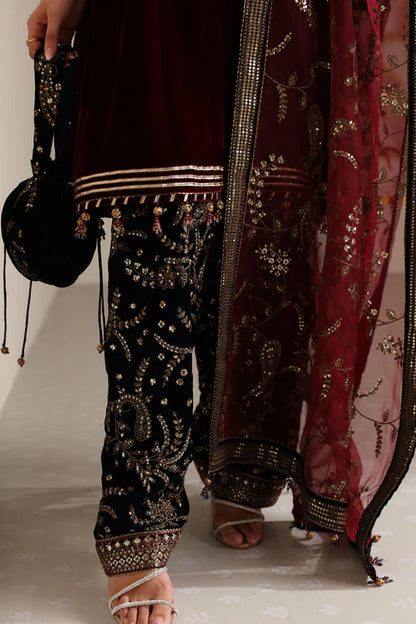 Elegant pure velvet dress with embroidered front, sleeves, and trouser. Paired with organza dupatta for a luxurious and graceful formal look.