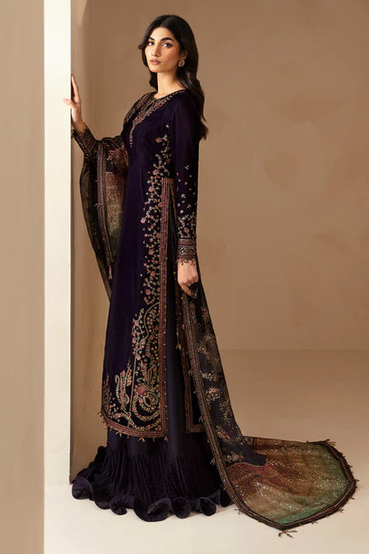Pure velvet dress with intricate embroidery, digital printed organza dupatta, and raw silk bottom. A perfect choice for a refined and luxurious formal look.
