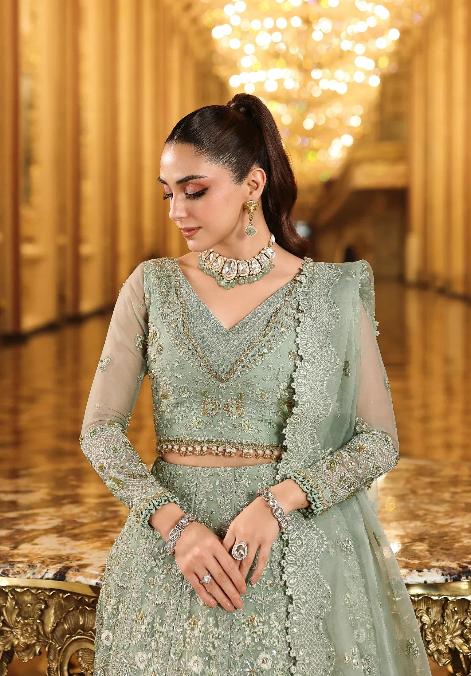 Lime Light by Elaf Stardom ’25 features hand-embroidered organza panels, elegant dupatta, and raw silk inner — perfect for festive gatherings and formal occasions.