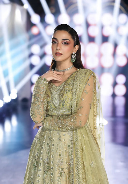 Mint Majesty by Elaf Stardom ’25 features hand-embroidered organza-poly net panels, elegant dupatta, and raw silk inner — perfect for festive and formal events.