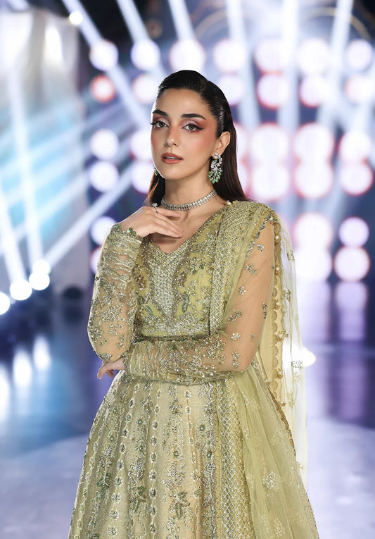 Mint Majesty by Elaf Stardom ’25 features hand-embroidered organza-poly net panels, elegant dupatta, and raw silk inner — perfect for festive and formal events.