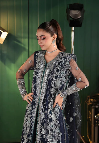 Skyfall by Elaf Stardom ’25 features hand-embroidered poly-net panels, detailed dupatta, and raw silk inner — perfect for formal evenings and festive elegance.