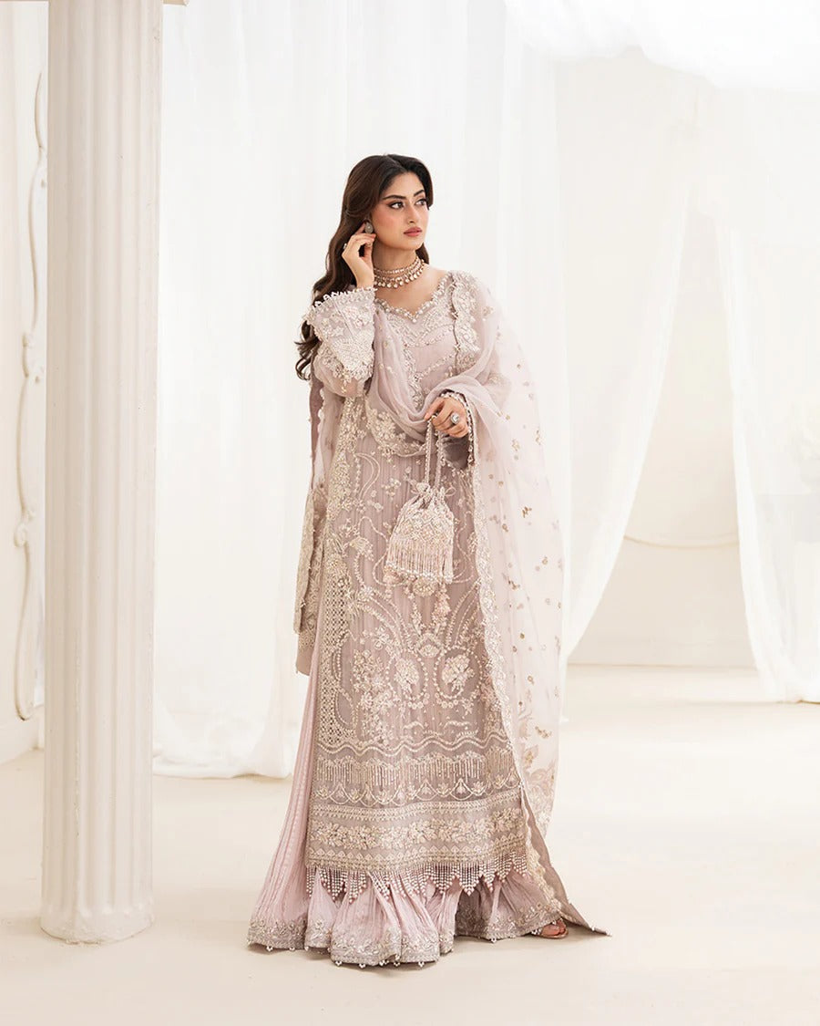 Ela dusty rose ensemble with embellished organza shirt, embroidered silk trousers, and organza dupatta—perfect for weddings, festive occasions, and celebrations.
