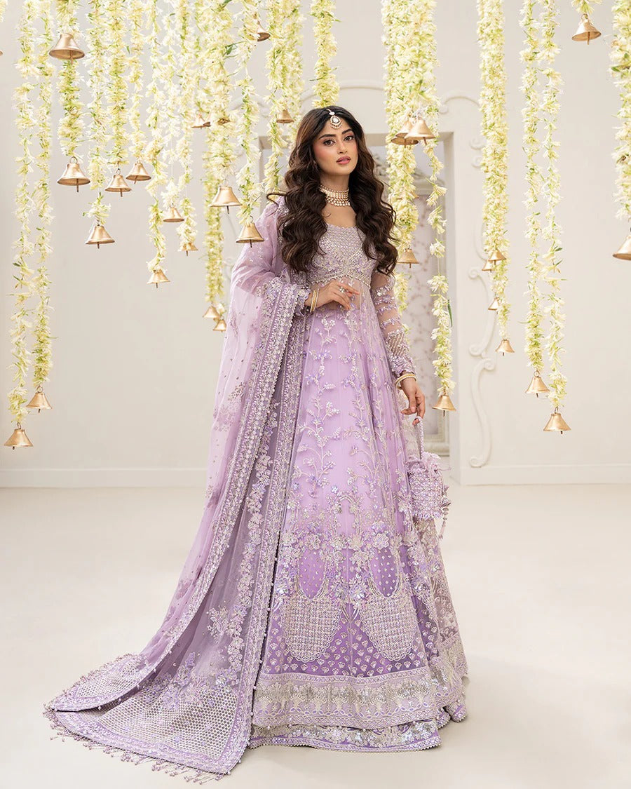 Pinar ensemble in lilac net bodice jacket with embroidered Shamose silk lehnga and flowy chiffon dupatta—perfect for weddings, festive occasions, and formal events.