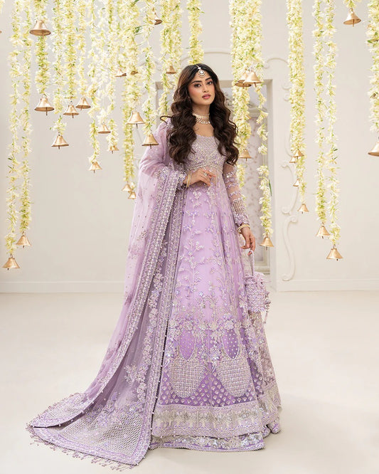 Pinar ensemble in lilac net bodice jacket with embroidered Shamose silk lehnga and flowy chiffon dupatta—perfect for weddings, festive occasions, and formal events.