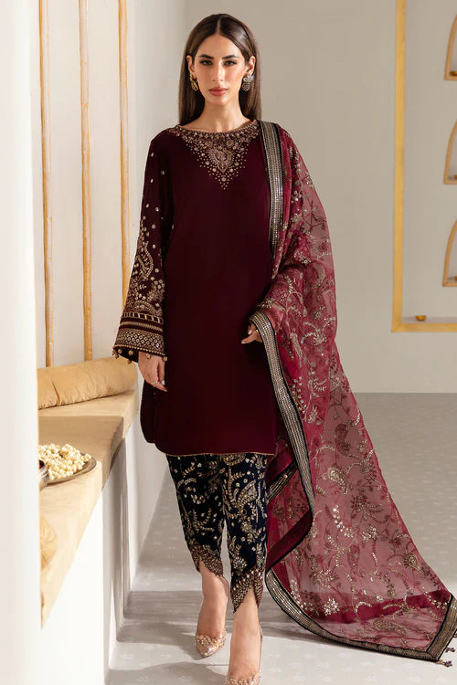 Pure velvet dress with intricate embroidery and organza dupatta, crafted for timeless elegance and luxury — perfect for formal gatherings and events.
