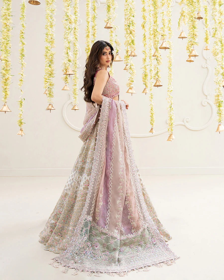 Elegant Suzan lehnga set in blush pink featuring a delicately embroidered tissue blouse, voluminous net skirt, and contrasting organza dupatta—perfect for festive occasions.
