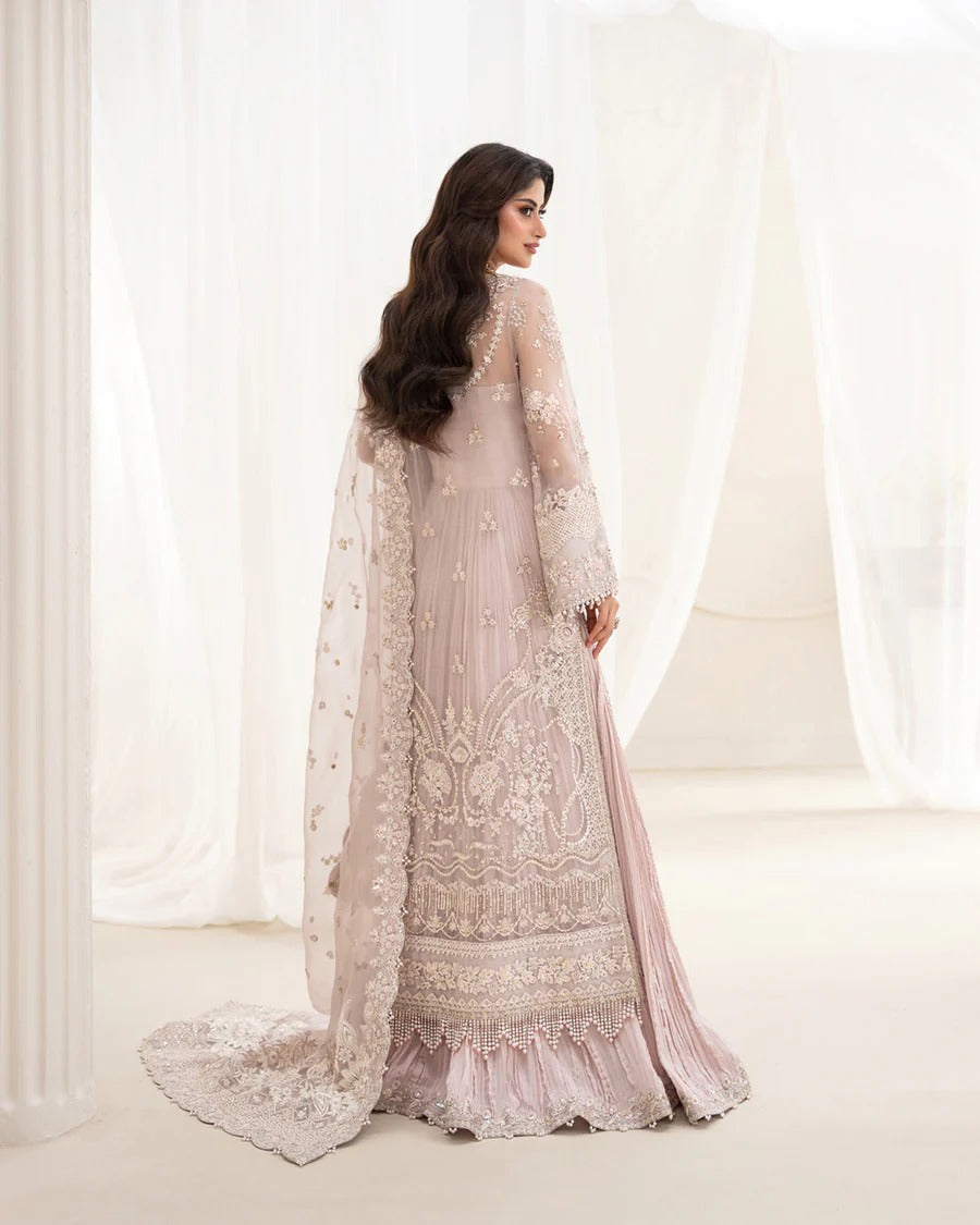 Ela dusty rose ensemble with embellished organza shirt, embroidered silk trousers, and organza dupatta—perfect for weddings, festive occasions, and celebrations.