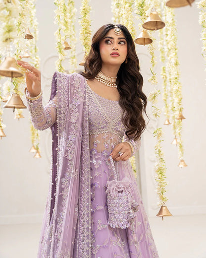 Pinar ensemble in lilac net bodice jacket with embroidered Shamose silk lehnga and flowy chiffon dupatta—perfect for weddings, festive occasions, and formal events.