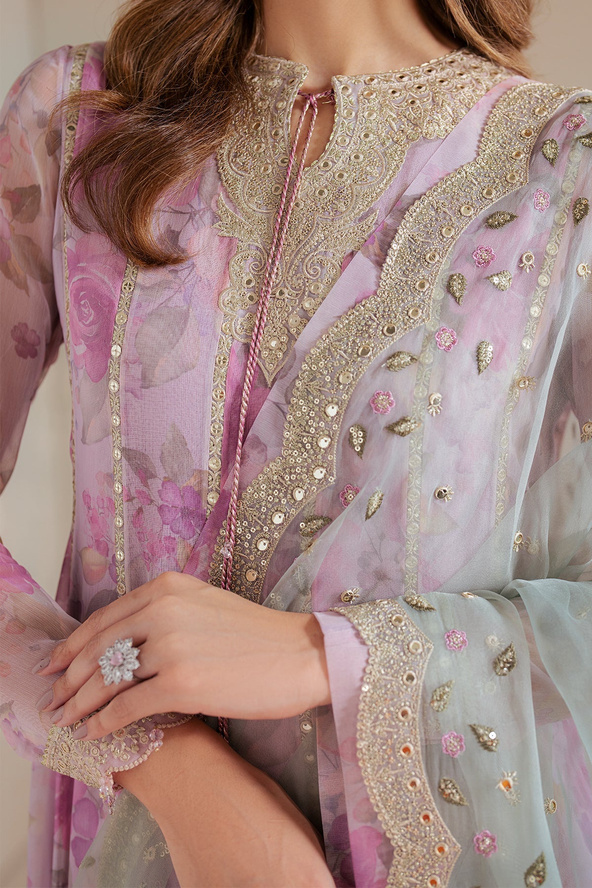 Jazmin UC-3071 three-piece printed chiffon formal with raw silk trouser