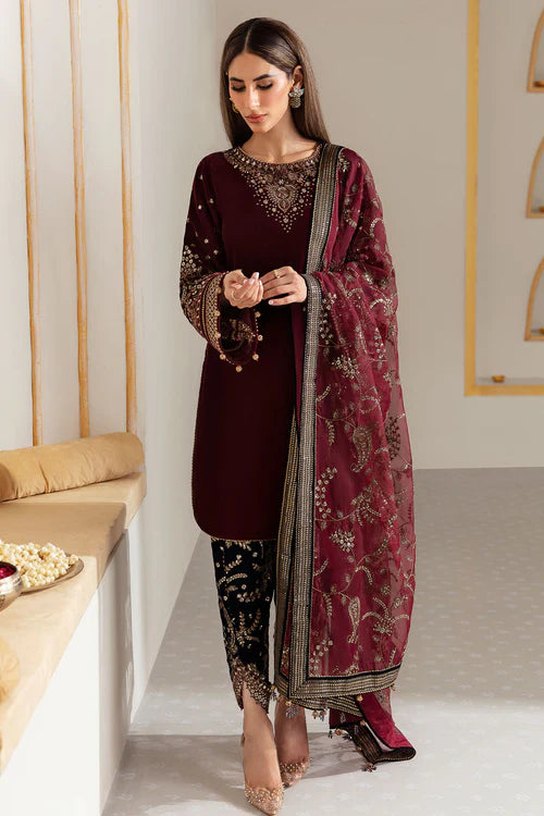 Pure velvet dress with intricate embroidery and organza dupatta, crafted for timeless elegance and luxury — perfect for formal gatherings and events.