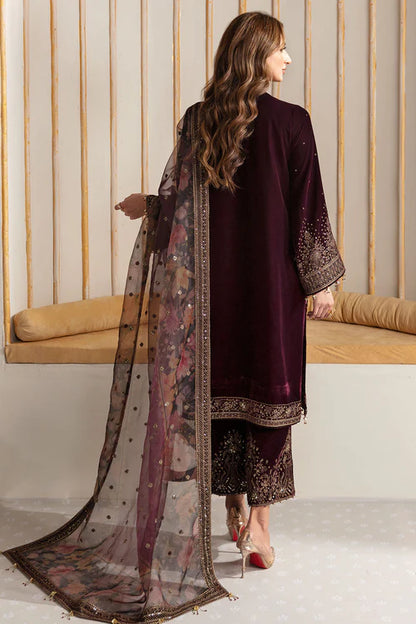 Luxurious velvet dress with intricate embroidery and digital printed organza dupatta. A perfect choice for graceful and sophisticated formal occasions.
