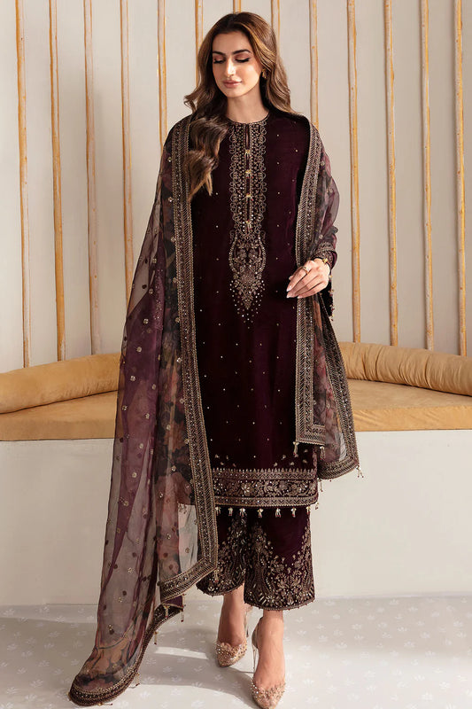 Luxurious velvet dress with intricate embroidery and digital printed organza dupatta. A perfect choice for graceful and sophisticated formal occasions.