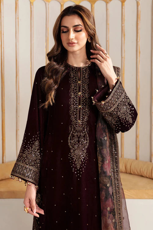 Luxurious velvet dress with intricate embroidery and digital printed organza dupatta. A perfect choice for graceful and sophisticated formal occasions.
