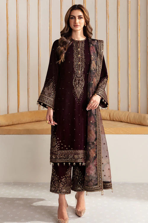 Luxurious velvet dress with intricate embroidery and digital printed organza dupatta. A perfect choice for graceful and sophisticated formal occasions.