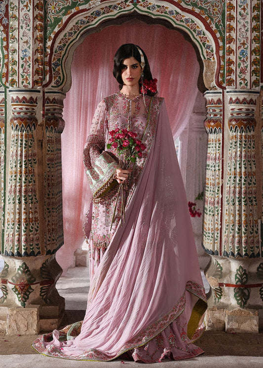 Elegant lilac chiffon ensemble with embroidered short shirt, flowing gharara and chiffon dupatta featuring organza pallu and four-sided borders for festive occasions.