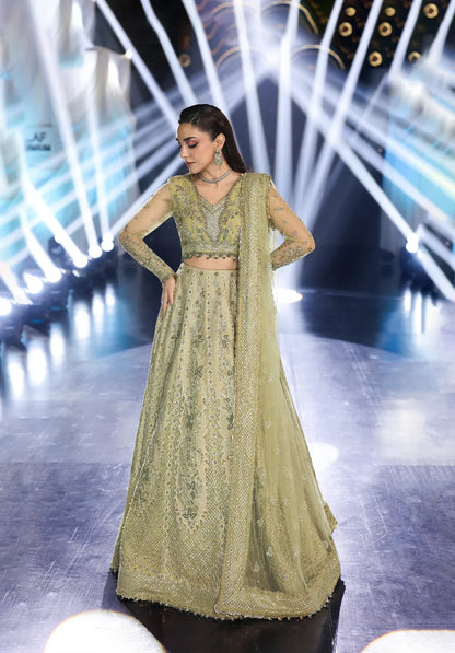 Mint Majesty by Elaf Stardom ’25 features hand-embroidered organza-poly net panels, elegant dupatta, and raw silk inner — perfect for festive and formal events.