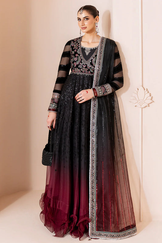 Elegant formal suit with embroidered velvet, laser-embellished chiffon sleeves, and digital printed chiffon panels. Includes digital organza dupatta & silk lining.