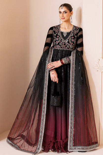 Elegant formal suit with embroidered velvet, laser-embellished chiffon sleeves, and digital printed chiffon panels. Includes digital organza dupatta & silk lining.
