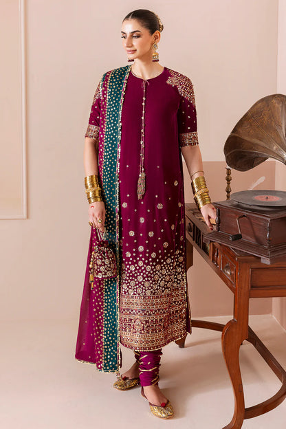 Luxurious CVF D-02 velvet suit with rich embroidery, georgette chiffon dupatta & dyed raw silk bottom. Perfect blend of comfort and elegance for formal events.