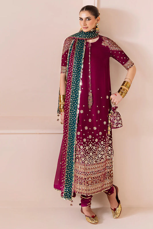 Luxurious CVF D-02 velvet suit with rich embroidery, georgette chiffon dupatta & dyed raw silk bottom. Perfect blend of comfort and elegance for formal events.