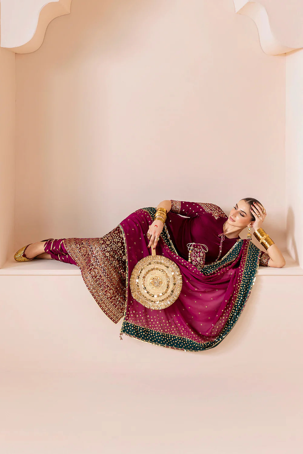 Luxurious CVF D-02 velvet suit with rich embroidery, georgette chiffon dupatta & dyed raw silk bottom. Perfect blend of comfort and elegance for formal events.