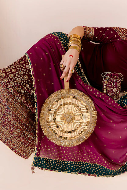Luxurious CVF D-02 velvet suit with rich embroidery, georgette chiffon dupatta & dyed raw silk bottom. Perfect blend of comfort and elegance for formal events.