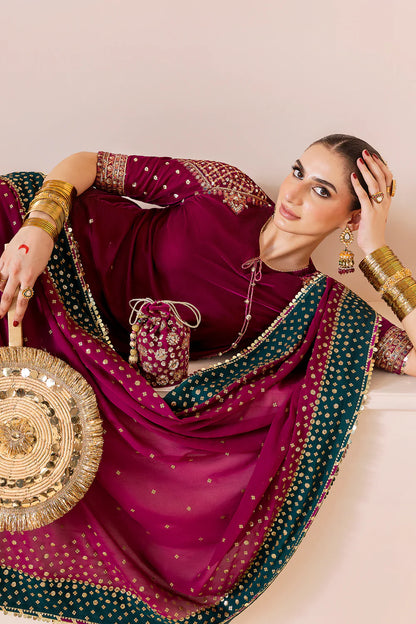Luxurious CVF D-02 velvet suit with rich embroidery, georgette chiffon dupatta & dyed raw silk bottom. Perfect blend of comfort and elegance for formal events.