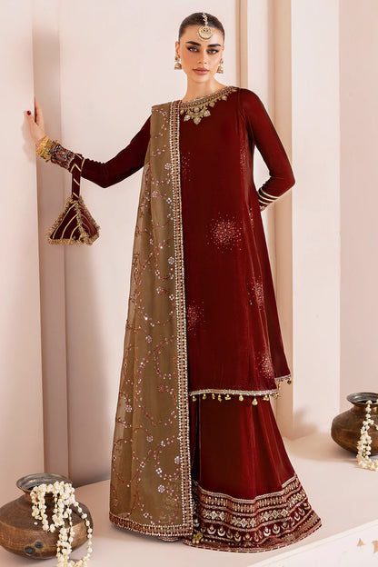 Luxurious pure velvet suit with intricate embroidery on panels, sleeves & borders. Includes embroidered georgette chiffon dupatta for a refined formal look.