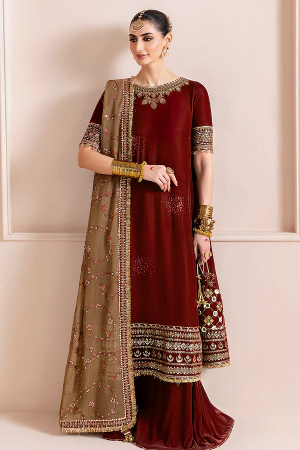 Elegant velvet suit with embroidered panels, rich borders & georgette chiffon dupatta. Perfect for formal wear & festive events. A timeless, luxe statement.
