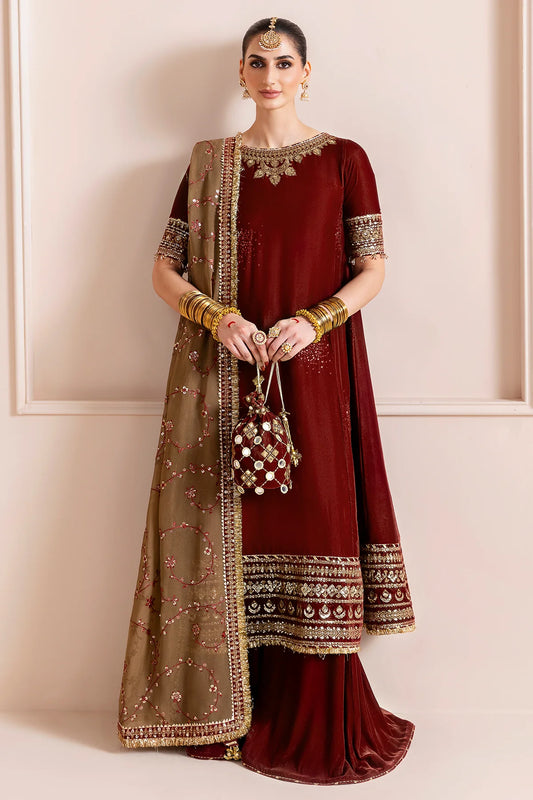 Elegant velvet suit with embroidered panels, rich borders & georgette chiffon dupatta. Perfect for formal wear & festive events. A timeless, luxe statement.