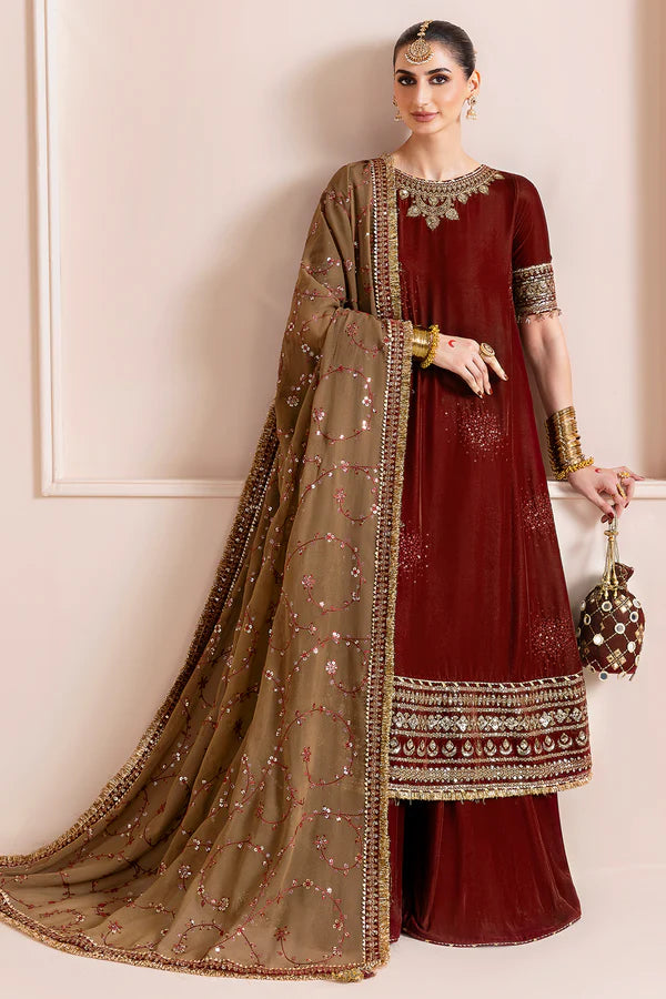 Elegant velvet suit with embroidered panels, rich borders & georgette chiffon dupatta. Perfect for formal wear & festive events. A timeless, luxe statement.
