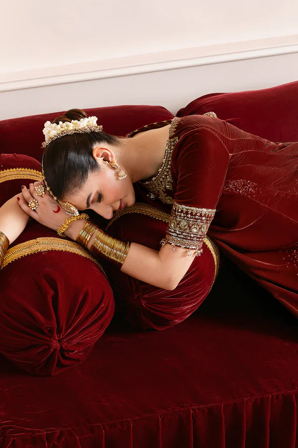 Elegant velvet suit with embroidered panels, rich borders & georgette chiffon dupatta. Perfect for formal wear & festive events. A timeless, luxe statement.