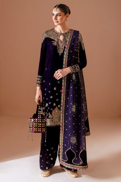 Elegant pure velvet formal dress with rich embroidery and chiffon dupatta. A luxurious outfit crafted for timeless sophistication and formal grace.