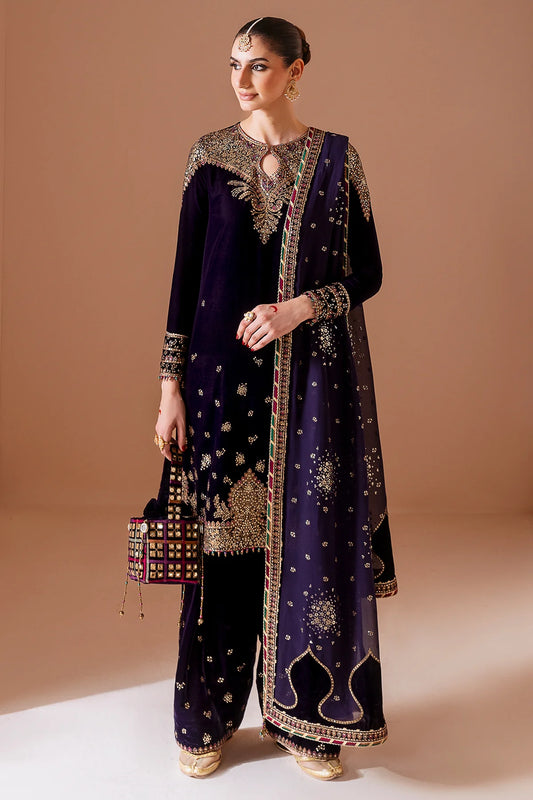 Elegant pure velvet formal dress with rich embroidery and chiffon dupatta. A luxurious outfit crafted for timeless sophistication and formal grace.
