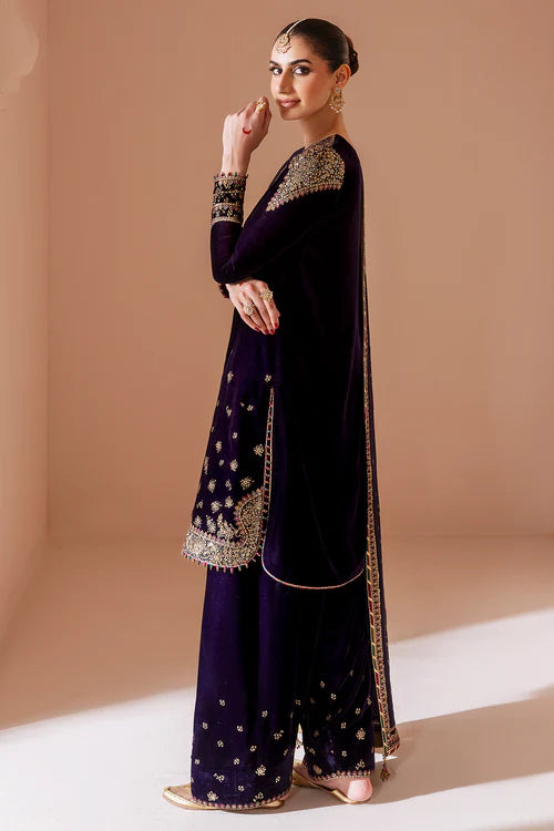 Elegant pure velvet formal dress with rich embroidery and chiffon dupatta. A luxurious outfit crafted for timeless sophistication and formal grace.