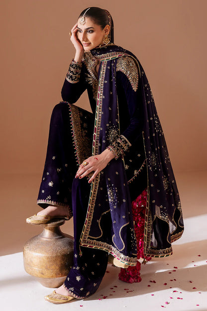 Elegant pure velvet formal dress with rich embroidery and chiffon dupatta. A luxurious outfit crafted for timeless sophistication and formal grace.