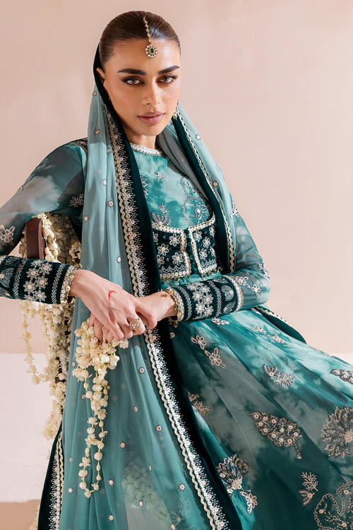 Luxurious velvet and chiffon formal dress with detailed embroidery, digital prints, and raw silk bottom — perfect for graceful, high-end occasions.