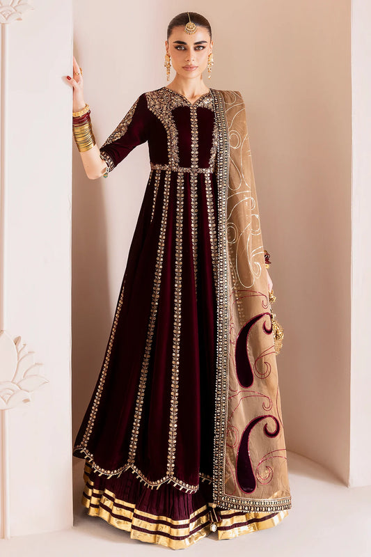 Luxurious velvet formal dress with intricate embroidery, organza dupatta, and silk crushed bottom. A timeless unstitched outfit for elegant evening wear.
