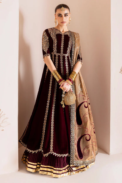 Luxurious velvet formal dress with intricate embroidery, organza dupatta, and silk crushed bottom. A timeless unstitched outfit for elegant evening wear.
