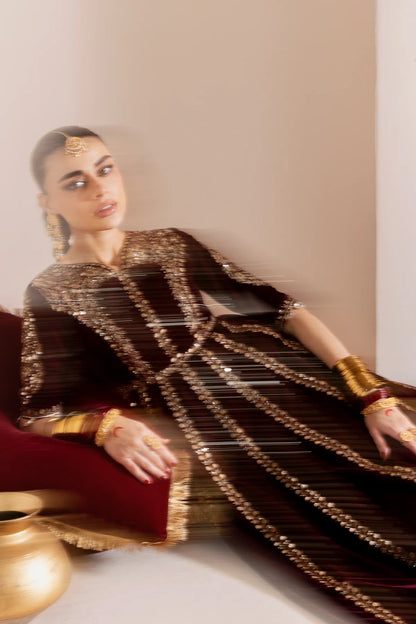 Luxurious velvet formal dress with intricate embroidery, organza dupatta, and silk crushed bottom. A timeless unstitched outfit for elegant evening wear.
