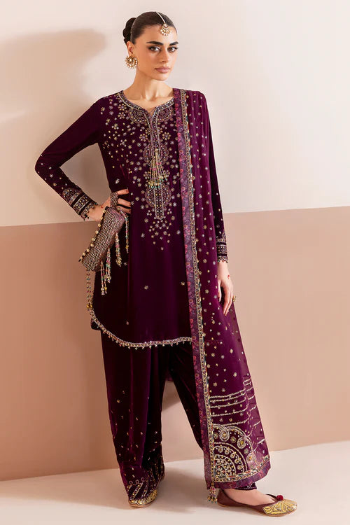 Luxurious pure velvet formal dress with intricate embroidery and chiffon dupatta. A refined ensemble blending elegance, texture, and timeless style.