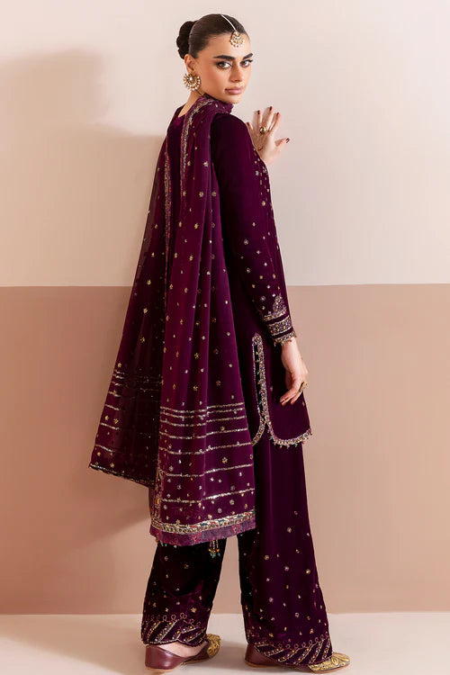 Luxurious pure velvet formal dress with intricate embroidery and chiffon dupatta. A refined ensemble blending elegance, texture, and timeless style.