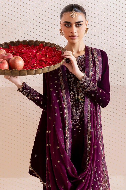 Luxurious pure velvet formal dress with intricate embroidery and chiffon dupatta. A refined ensemble blending elegance, texture, and timeless style.