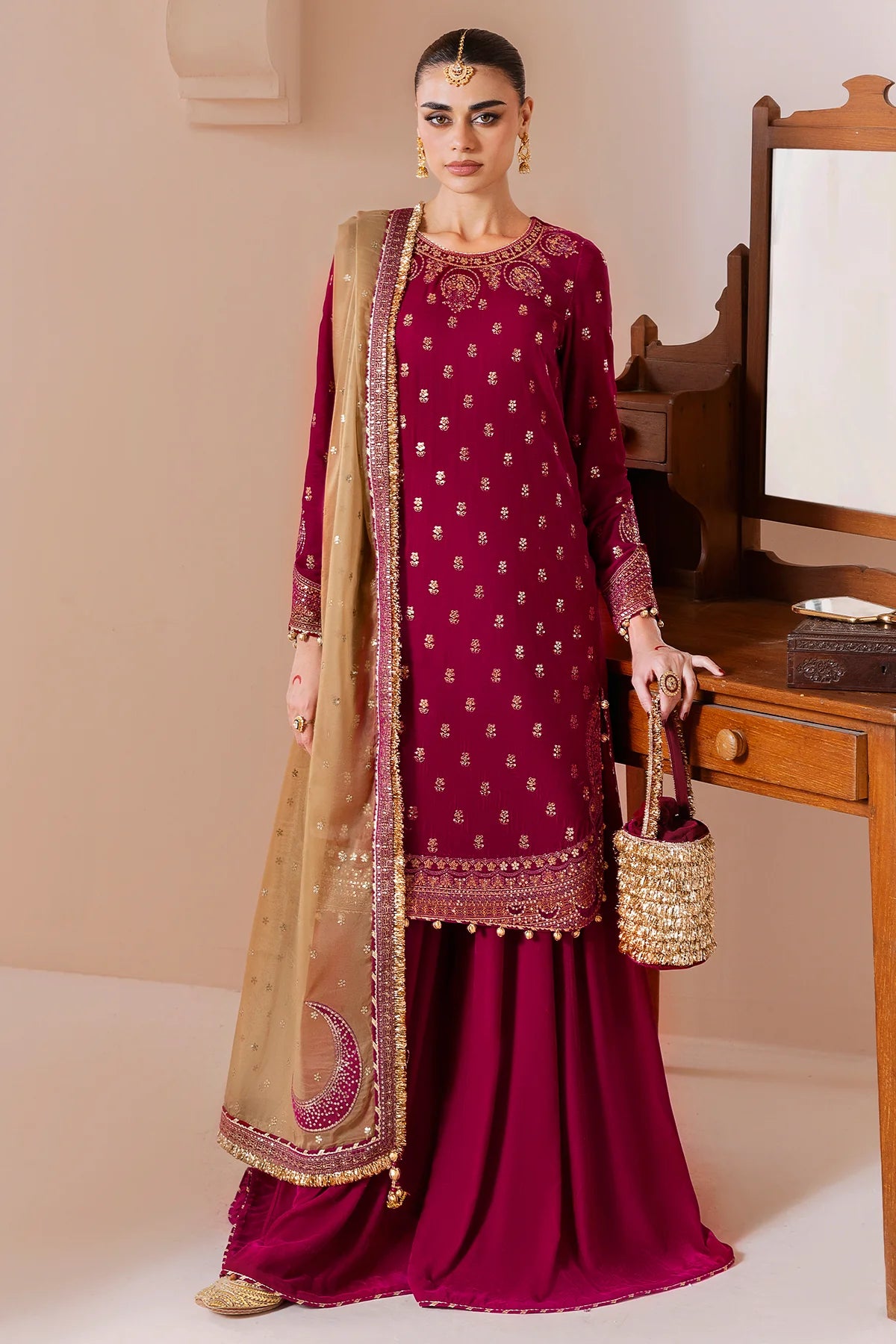 Refined velvet suit CVF D-11 with rich embroidery, organza dupatta & velvet bottom. A luxurious formal look with comfort & sophistication. Shop now!