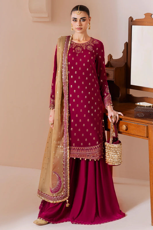 Refined velvet suit CVF D-11 with rich embroidery, organza dupatta & velvet bottom. A luxurious formal look with comfort & sophistication. Shop now!
