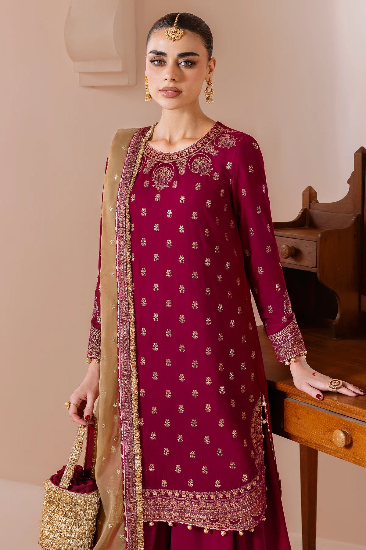 Refined velvet suit CVF D-11 with rich embroidery, organza dupatta & velvet bottom. A luxurious formal look with comfort & sophistication. Shop now!
