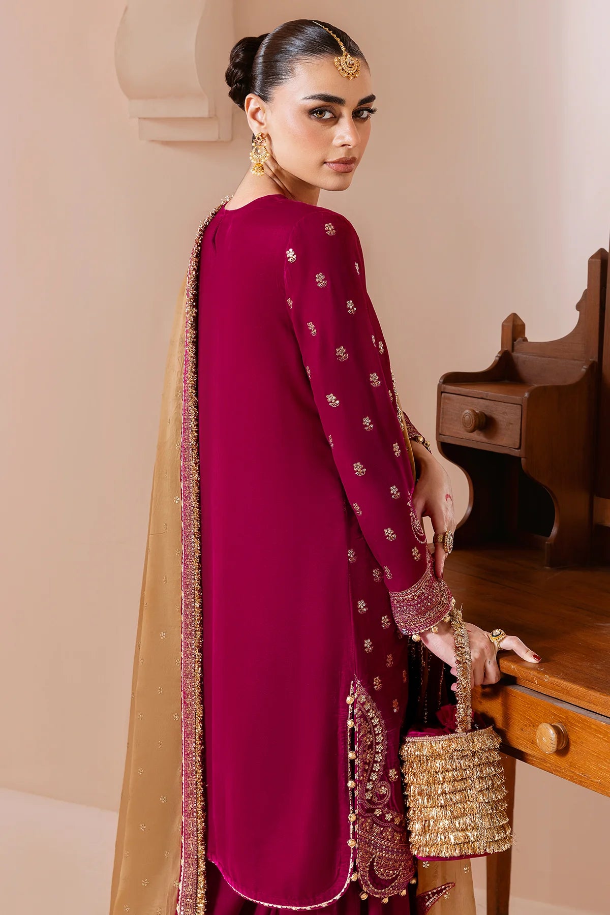 Refined velvet suit CVF D-11 with rich embroidery, organza dupatta & velvet bottom. A luxurious formal look with comfort & sophistication. Shop now!
