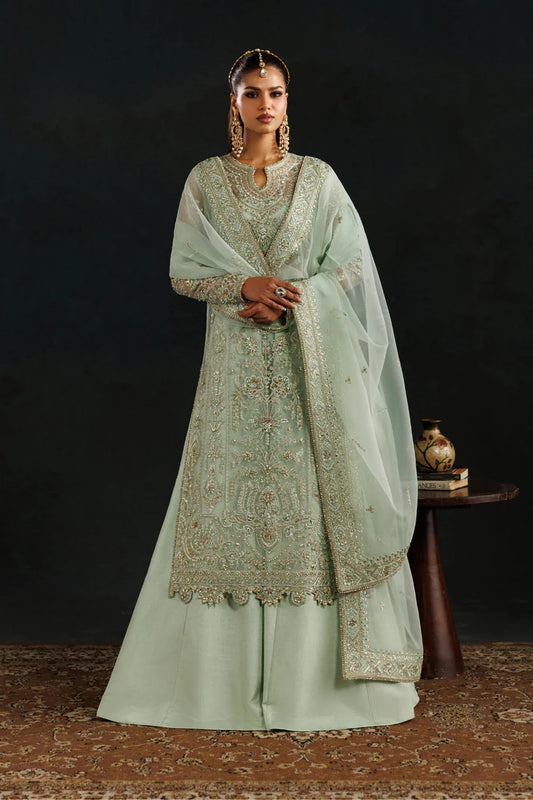 Elegant organza embroidered dress with hand embellished front, sleeves & borders. Includes embroidered dupatta, raw silk trouser and inner fabric.